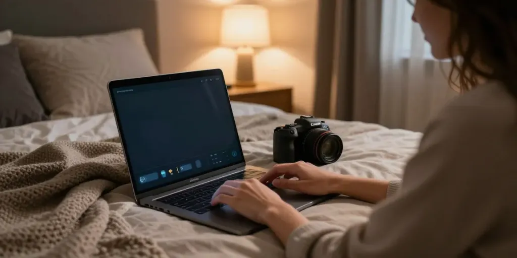 Engaging in a free AI slut chat on a laptop in a cozy bedroom setting.